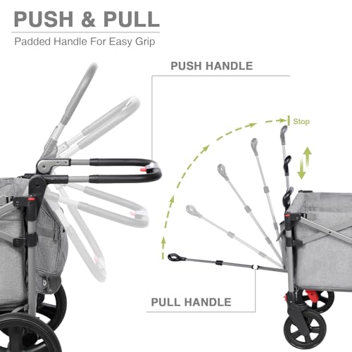 EVER ADVANCED Foldable Wagons for Two Kids & Cargo, Collapsible Folding Stroller with Adjustable Handle Bar,Removable Canopy with 5-Point Harness Gray - Image 6
