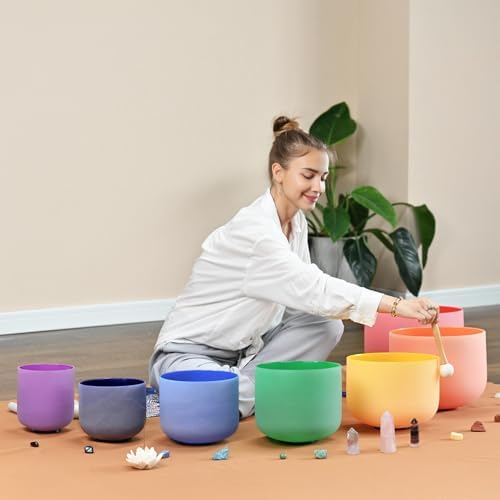 Set Of 7 PCS 440HZ 6-12 Inch Colored Frosted Chakra Quartz Crystal Singing Bowls Sound Healing Instrument with 2 PCS Travel Carry Case Bag for Meditation - Image 3