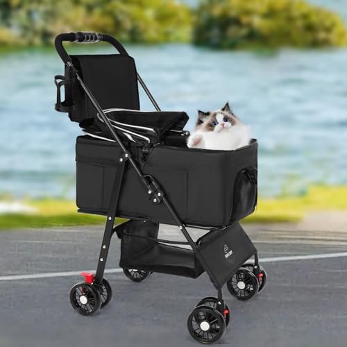 3 in 1 Pet Dog Stroller for Small Medium Dogs 10-50 lbs, Foldable Cat-Strollers for 2-Cats with Removable Carrier, Pet-Strollers for Cats with Storage Bag, Small Puppy-Stroller, Dog-Cart (Black) - Image 9