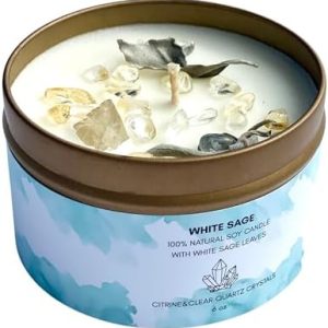 White Sage Smudge Candle with Citrine and Quartz Gemstone Crystals 6.4 oz Made with Natural Soy Wax Scented with Essential and Fragrance Oils (White)