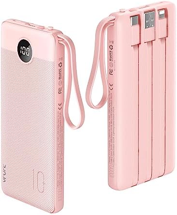 VRURC Portable Charger Power Bank, 10000mAh Travel Essentials Battery Pack, 5 Outputs 2 Inputs Slim Charging Bank Built-in Cables Cords Wires Compatible with iPhone,Samsung,Android-Pink(1 Pack)