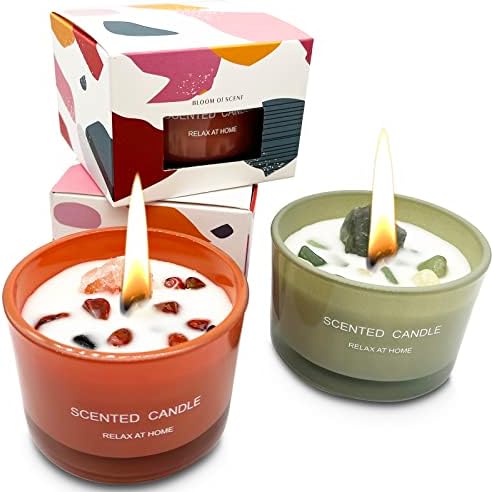 Healing Crystal Candles Chakra Jar Candle Soy Candle Gifts for Women Scented Candle Set 2 Pack Green and Orange - Image 2
