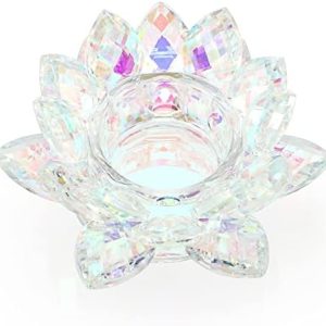 OwnMy Crystal Lotus Flower Tea Light Holder Lotus Petals Votive Candle Holder Candle Lamp, Crystal Lotus Tealight Candle Stand for Wedding Table Centerpieces Home Decors (AB Color)