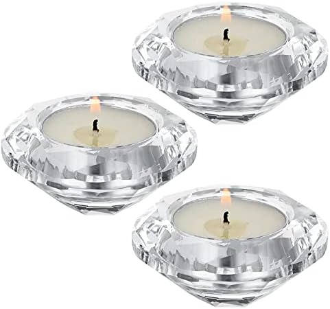 OwnMy Set of 3 Crystal Tea Light Holders Round Votive Candle Holders, Clear Crystal Tealight Candle Holders Crystal Diamond Shaped Candle Stands Modern Candle Centerpiece for Living Room Table Decor