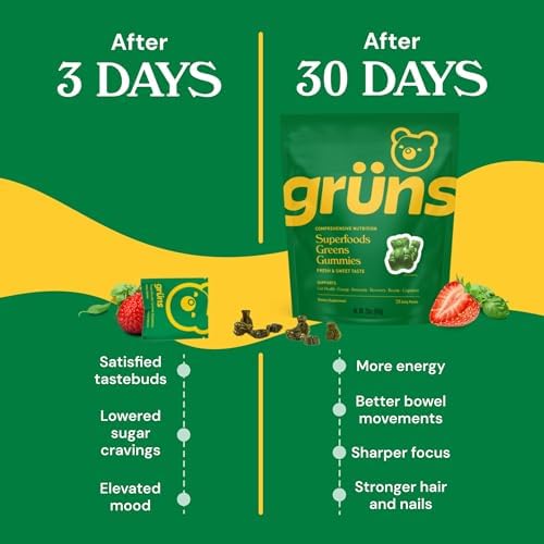 Gruns Adults Super Greens Gummies, Multivitamin Superfood Gummy Bears with Spirulina, Chlorella, Prebiotics & Fiber for Digestive Health, Adaptogens Supplement with 20 Vitamins & Minerals, 28 Count - Image 8