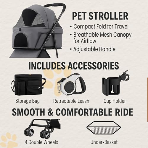 3 in 1 Pet Stroller - Foldable Dog Stroller & Pet Carrier - Included with Storage Bag, Cup Holder & Pet Leach - Cat Carrier with Detachable Basket & Breathable Canopy (Grey) - Image 6