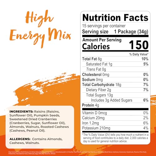 Nature's Garden High Energy Mix, Deluxe Mixed Nuts, Energy Boost, High Energy Trail Mix, Cranberries, Raisins, Almonds, Walnuts, Cholesterol Free, Sodium Free, No Artificial Ingredients – 1.2 Oz Bags (15 Individual Servings) - Image 2