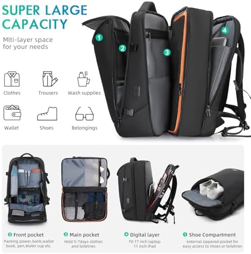 Travel Carry on Backpack 50L Expandable Flight Approved Backpacks 17.3 inch Laptop and USB Charging Port bags Water Resistant Business Back Pack for Women & Men - Image 3