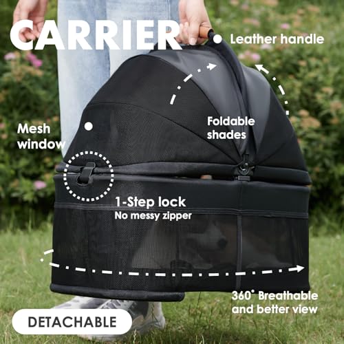 3 in 1 Pet Stroller with Removable Carrier, Folding Stroller for Small/Medium Dogs and Cats, Waterproof, All-Terrain, with Sun Shades, Car Seat - Image 5