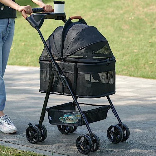 3 in 1 Pet Stroller with Removable Carrier, Folding Stroller for Small/Medium Dogs and Cats, Waterproof, All-Terrain, with Sun Shades, Car Seat - Image 7