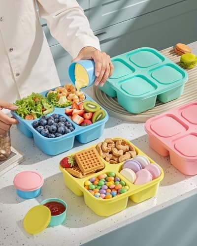 4 Pcs Snack Box Containers Set, Reusable 4 Compartment Lunchable Container with 2Pcs Sauce Containers, Stackable BPA-Free Bento Box for School, Work, Travel (4 Color) - Image 7