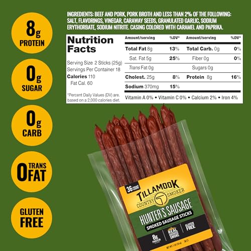 Tillamook Country Smoker Smoked Sausage, Hunter's Sausage, 16 Ounce (36 Count Meat Sticks Bulk Pack) Real Hardwood Smoked, Low Carb, High Protein Ready to Eat Keto Snack - Image 2