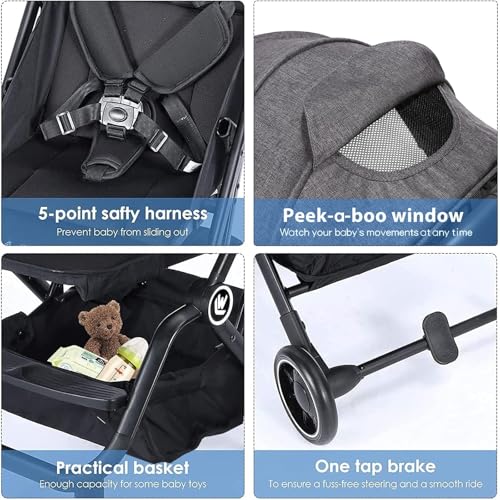 Lightweight Baby Stroller, Compact Travel Stroller with Sleep Shade, Oversize Basket, One Hand Easy Foldable Pram for Airplane Travel and More - Image 4