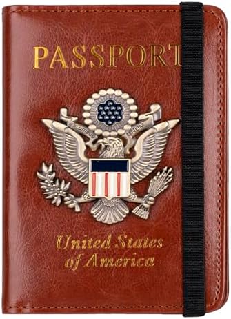 TOURSUIT RFID Blocking Passport Holder for Women Men, Leather Passport Travel Wallet with Metal 3D Metal Badge, Travel Document Holder Cover Accessories (Brown)