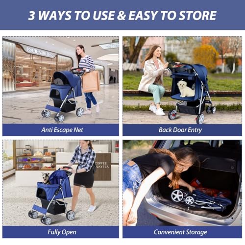 4 Wheels Pet Stroller for Small Medium Dogs Cats 10-33 lbs, Foldable Dog and Cat Stroller with Cup Holder & Storage Basket & Breathable Mesh, Pet Strolling Cart for All-Season, Navy Blue - Image 8