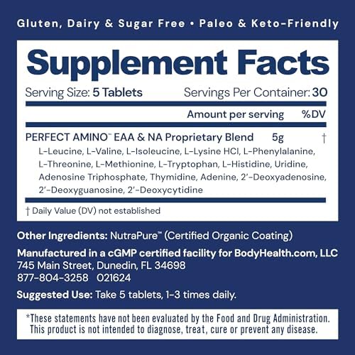 BodyHealth PerfectAmino (150 ct) Easy to Swallow Tablets, Essential Amino Acids Supplement with BCAAs, Vegan Protein for Pre/Post Workout & Muscle Recovery with Lysine, Tryptophan, Leucine, Methionine - Image 2