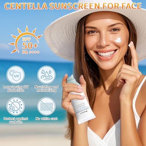 Centella Sunscreen SPF 50, Sunscreen for Face, Water Resistant Strong UV Protection No White Cast, Centella Madagascar Face Sun Screen Oil Free Korean Skincare(Blue 2) - Image 2