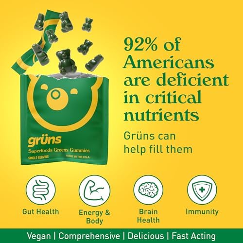 Gruns Adults Super Greens Gummies, Multivitamin Superfood Gummy Bears with Spirulina, Chlorella, Prebiotics & Fiber for Digestive Health, Adaptogens Supplement with 20 Vitamins & Minerals, 28 Count - Image 5
