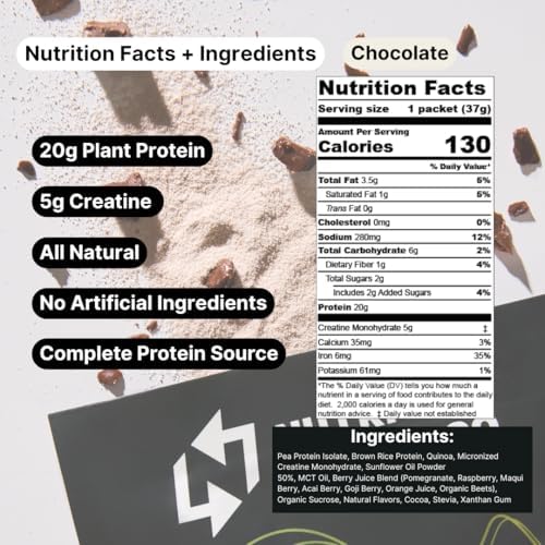 Travel Vegan Protein Powder Packets – Single-Serve Plant-Based Protein + Creatine – 20g Protein + 5g Creatine – All-Natural, Gluten-Free, No Artificial – Chocolate – (15-Pack) - Image 4