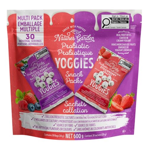 Nature's Garden Probiotic Yoggies Multi Pack, 21oz (Strawberry Yoggies 15x0.7 oz +Mixed Berry Yoggies 15x0.7 oz), Strawberry and Mixed Berry Yogurt Covered Snack, High Fiber, Real Fruit Pieces, No Artificial Flavors or Colors, Snack for Adults