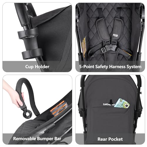 Beberoad Love R2 Small Travel Stroller Compact Strollers Foldable Lightweight Baby Stroller for Airplane, Infant Toddler Stroller with Adjustable Backrest, Cup Holder and Waterproof Canopy, Black - Image 4