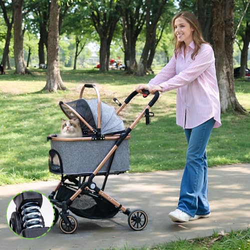 Foldable Medium Dog Stroller - 3 in 1 Pet Stroller with Detachable Storage Basket 4 All-Terrain Rubber Wheels Pull Rod Durable Travel Carrier for Max 33 lbs Medium Dogs 2 Small Cats (Grey) - Image 2