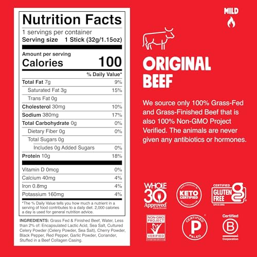 Chomps Grass-Fed and Finished Original Beef Jerky Snack Sticks 10-Pack - Keto, Paleo, Whole30, 10g Lean Meat Protein, Gluten-Free, Zero Sugar Food, Non-GMO - Image 2