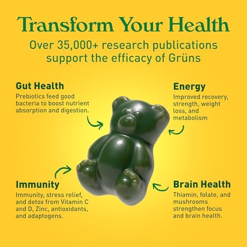 Gruns Adults Super Greens Gummies, Multivitamin Superfood Gummy Bears with Spirulina, Chlorella, Prebiotics & Fiber for Digestive Health, Adaptogens Supplement with 20 Vitamins & Minerals, 28 Count - Image 6