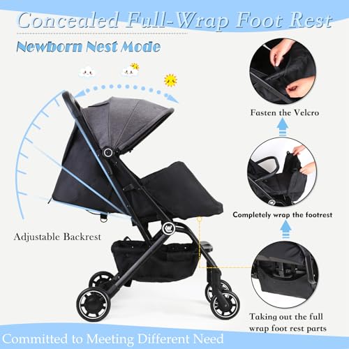 Lightweight Baby Stroller, Compact Travel Stroller with Retractable Foot Cover & Sleep Shade, One Hand Easy Foldable Strollers, Adjustable Reclining Seat for 0-36 Months - Image 2
