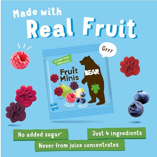 BEAR Real Fruit Snack Minis, Raspberry/Blueberry, No added Sugar, All Natural, Bite Sized Snacks for Kids, Non GMO, Gluten Free, Vegan, 0.7 Oz (Pack of 18) - Image 3