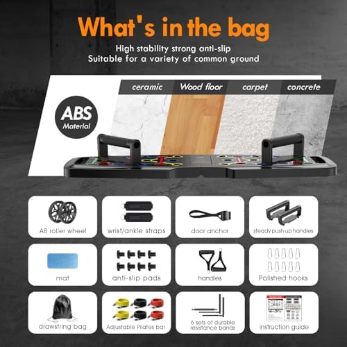 Push Up Board,Home Gym,Portable Exercise Equipment,Pilates Bar and 20 Fitness Accessories with Resistance Bands and Ab Roller Wheel,Full Body Workout at Home - Image 4