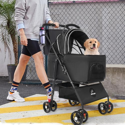 3 in 1 Pet Dog Stroller for Small Medium Dogs 10-50 lbs, Foldable Cat-Strollers for 2-Cats with Removable Carrier, Pet-Strollers for Cats with Storage Bag, Small Puppy-Stroller, Dog-Cart (Black) - Image 8