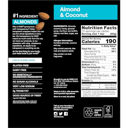 KIND Nut Bars, Almond & Coconut, Healthy Snack Bars, Gluten Free, Low Sodium, 3g Protein, 12 Count - Image 2