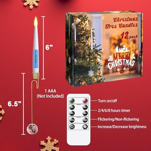 Pack of 12 Flickering Remote 0.5" x6" LED Short Taper Candles with 12 Crystal Ball Hooks, Battery Operated Timer Window White Plastic Flameless Warm Light Candlesticks for Holiday Decor - Image 4