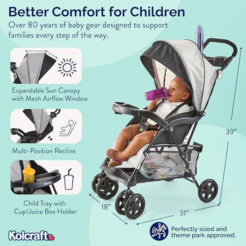 Kolcraft Cloud Plus Lightweight Umbrella Stroller for Toddlers with Reclining Seat, Large Storage Basket, Canopy, Infant & Parent Trays, Compact Fold for Summer Travel, Durable Frame, Slate Gray - Image 3