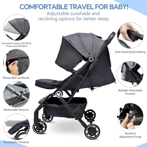 Lightweight Baby Stroller, Compact Travel Stroller with Retractable Foot Cover & Sleep Shade, One Hand Easy Foldable Strollers, Adjustable Reclining Seat for 0-36 Months - Image 4