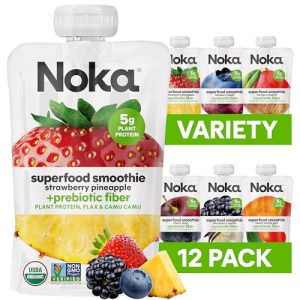 Noka Superfood Fruit Smoothie Pouches Variety Pack, Healthy Snacks with Flax Seed, Plant Protein and Prebiotic Fiber, Vegan and Gluten Free Snacks, Made in USA, Organic Squeeze Pouch, 4.22 oz, 12 Count