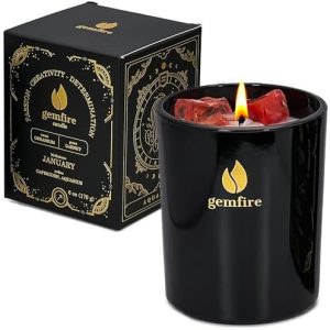 GemFire Organic Scented Crystal Candle - Garnet Gemstone, January Birthstone Gift - Capricorn or Aquarius Zodiac Sign - Natural Soy Wax & Beeswax - Long-Burn for Aromatherapy, Meditation, Relaxation