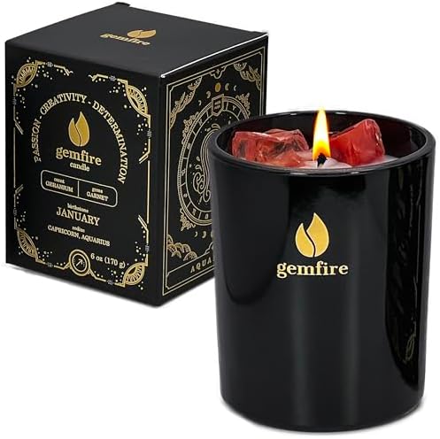 GemFire Organic Scented Crystal Candle - Garnet Gemstone, January Birthstone Gift - Capricorn or Aquarius Zodiac Sign - Natural Soy Wax & Beeswax - Long-Burn for Aromatherapy, Meditation, Relaxation