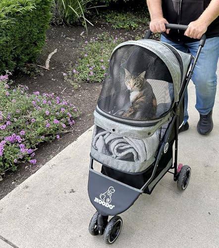 ROODO 3 Wheel Dog Pet Cat Stroller Best Lightweight Foldable Compact Portable Jogger All Terrain Travel Pet Gear Puppy Kitty Stroller for up to 30lbs Medium Small Dogs and Cats(Cationic ash) - Image 2