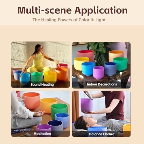 Set Of 7 PCS 440HZ 6-12 Inch Colored Frosted Chakra Quartz Crystal Singing Bowls Sound Healing Instrument with 2 PCS Travel Carry Case Bag for Meditation - Image 4