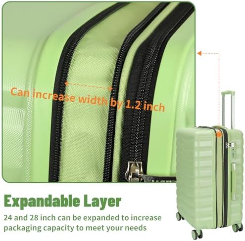 Lightweight Luggage with Spinner Wheels & YKK Zipper, 3-Piece Travel Suitcase ABS+PC Hardshell Luggage Set with TSA Lock, Light Avocado Green (20+24+28 inch) - Image 8