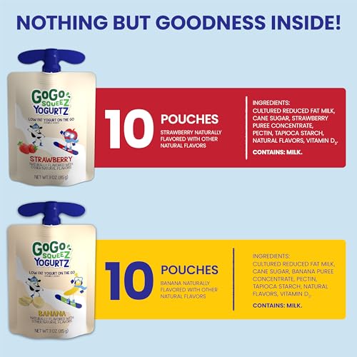 GoGo squeeZ yogurtZ Variety Pack, Strawberry & Banana, 3 oz (Pack of 20), Kids Snacks Made from Real Yogurt and Fruit, No Fridge Needed, Gluten Free, Nut Free, Recloseable Cap, BPA Free Pouches - Image 4