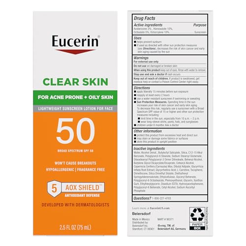 Eucerin Sun Clear Skin Face Sunscreen Lotion SPF 50 for Acne Prone and Oily Skin, Lightweight Sunscreen with Oil-Absorbing Minerals, Won't Cause Breakouts, Hypoallergenic, 2.5 Fl Oz Bottle - Image 9