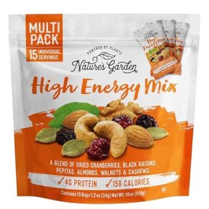 Nature's Garden High Energy Mix, Deluxe Mixed Nuts, Energy Boost, High Energy Trail Mix, Cranberries, Raisins, Almonds, Walnuts, Cholesterol Free, Sodium Free, No Artificial Ingredients – 1.2 Oz Bags (15 Individual Servings)
