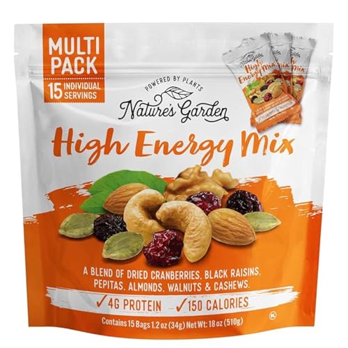 Nature's Garden High Energy Mix, Deluxe Mixed Nuts, Energy Boost, High Energy Trail Mix, Cranberries, Raisins, Almonds, Walnuts, Cholesterol Free, Sodium Free, No Artificial Ingredients – 1.2 Oz Bags (15 Individual Servings)