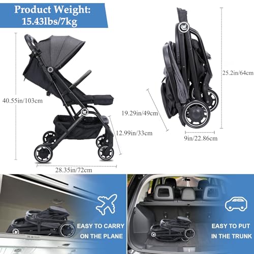 Lightweight Baby Stroller, Compact Travel Stroller with Sleep Shade, Oversize Basket, One Hand Easy Foldable Pram for Airplane Travel and More - Image 3