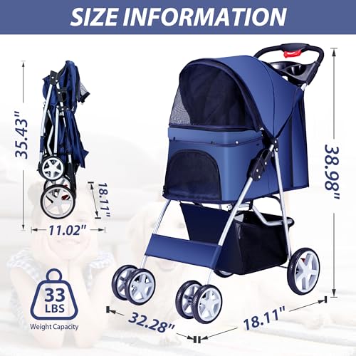 4 Wheels Pet Stroller for Small Medium Dogs Cats 10-33 lbs, Foldable Dog and Cat Stroller with Cup Holder & Storage Basket & Breathable Mesh, Pet Strolling Cart for All-Season, Navy Blue - Image 3