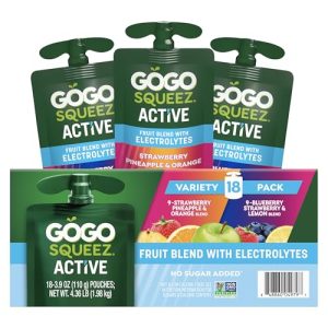 GoGo squeeZ Active Fruit Blend with Electrolytes | 18-Count Variety Pack | Blueberry Strawberry Lemon & Strawberry Pineapple Orange | Made with Real Fruit and Antioxidants Vitamin A, Vitamin E, & Vitamin C​