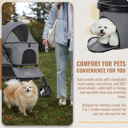 3 in 1 Pet Stroller - Foldable Dog Stroller & Pet Carrier - Included with Storage Bag, Cup Holder & Pet Leach - Cat Carrier with Detachable Basket & Breathable Canopy (Grey) - Image 5